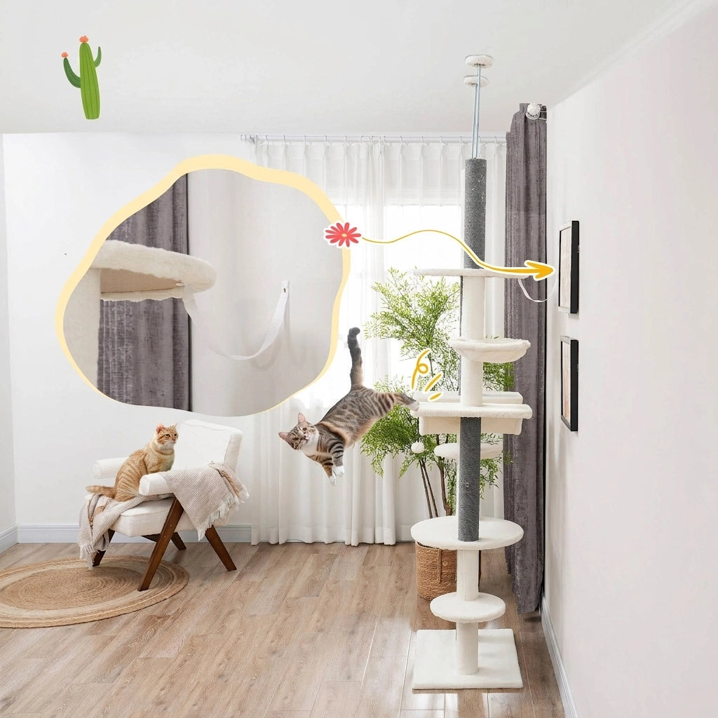 Albero per Gatti da Soffitto con Amache; Regolabile 225-255 cm; Bianco