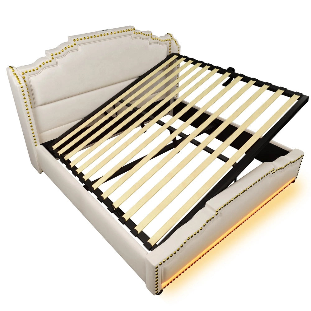 Letto Imbottito Contenitore 140x200 con Materasso ¨C MINIMAL ¨C Velluto Beige, LED, Idraulico, Doghe