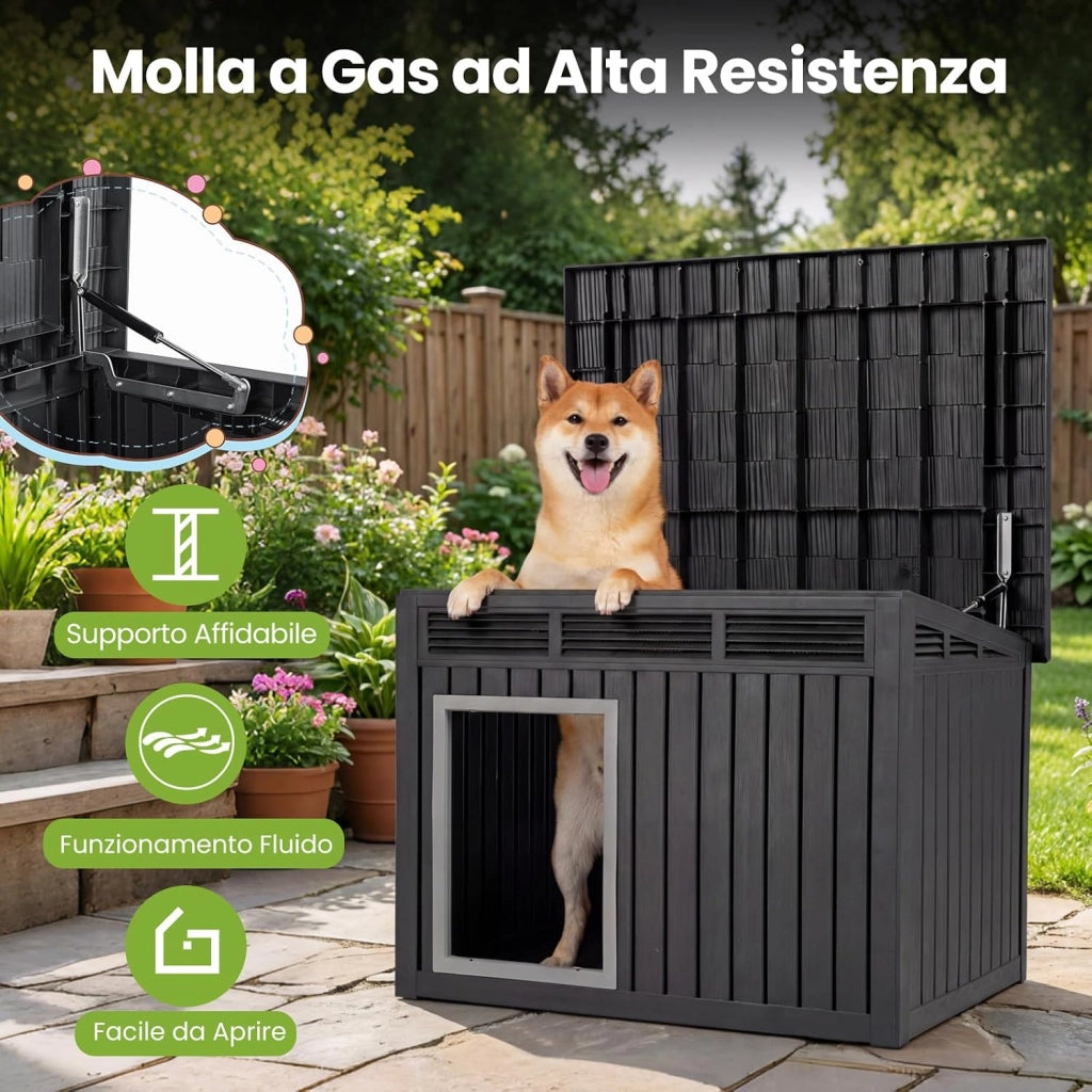 Cuccia per Cani, Cassetta per Animali Domestici in PP con Tetto Inclinato Apribile, Finestre Ventilate a Lamelle e Soglia Rialzata, Cuccia da Interna ed Esterna, 81 x 64 x 61 cm