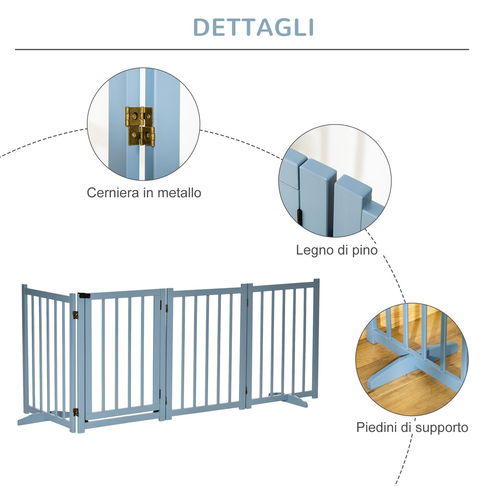 Cancellino Pieghevole per Cani Taglia Piccola e Media 237,5x36x80 cm con 4 Pannelli in Legno di Pino Blu Grigio