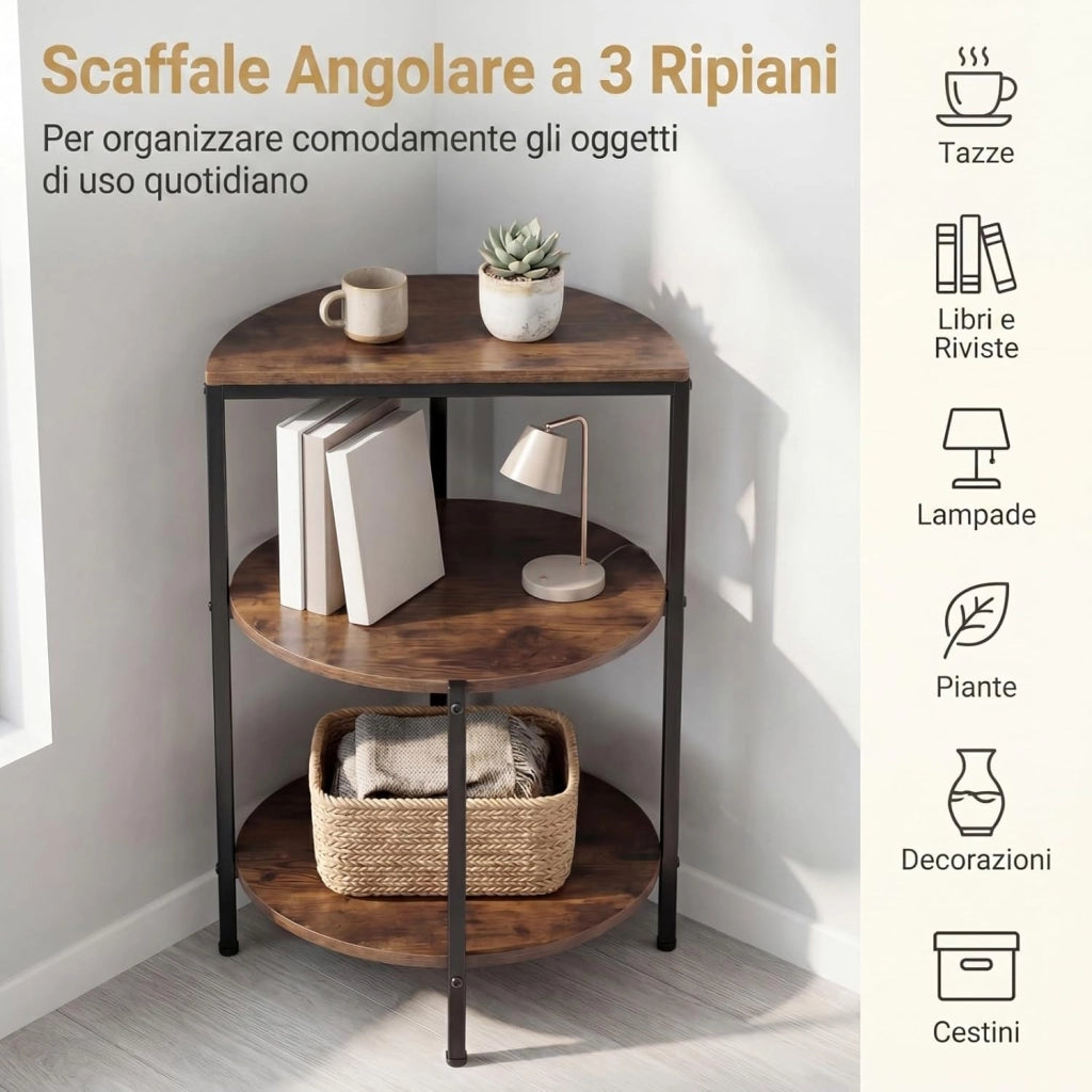 Tavolino Salotto Rotondo, Tavolinetto Laterale da Divano, da Caffè, Comodino Basso a 3 Ripiani in Legno e Metallo, Industiale e Salvaspazio, per Soggiorno, Camera da Letto, 43 X 43 X 63 CM