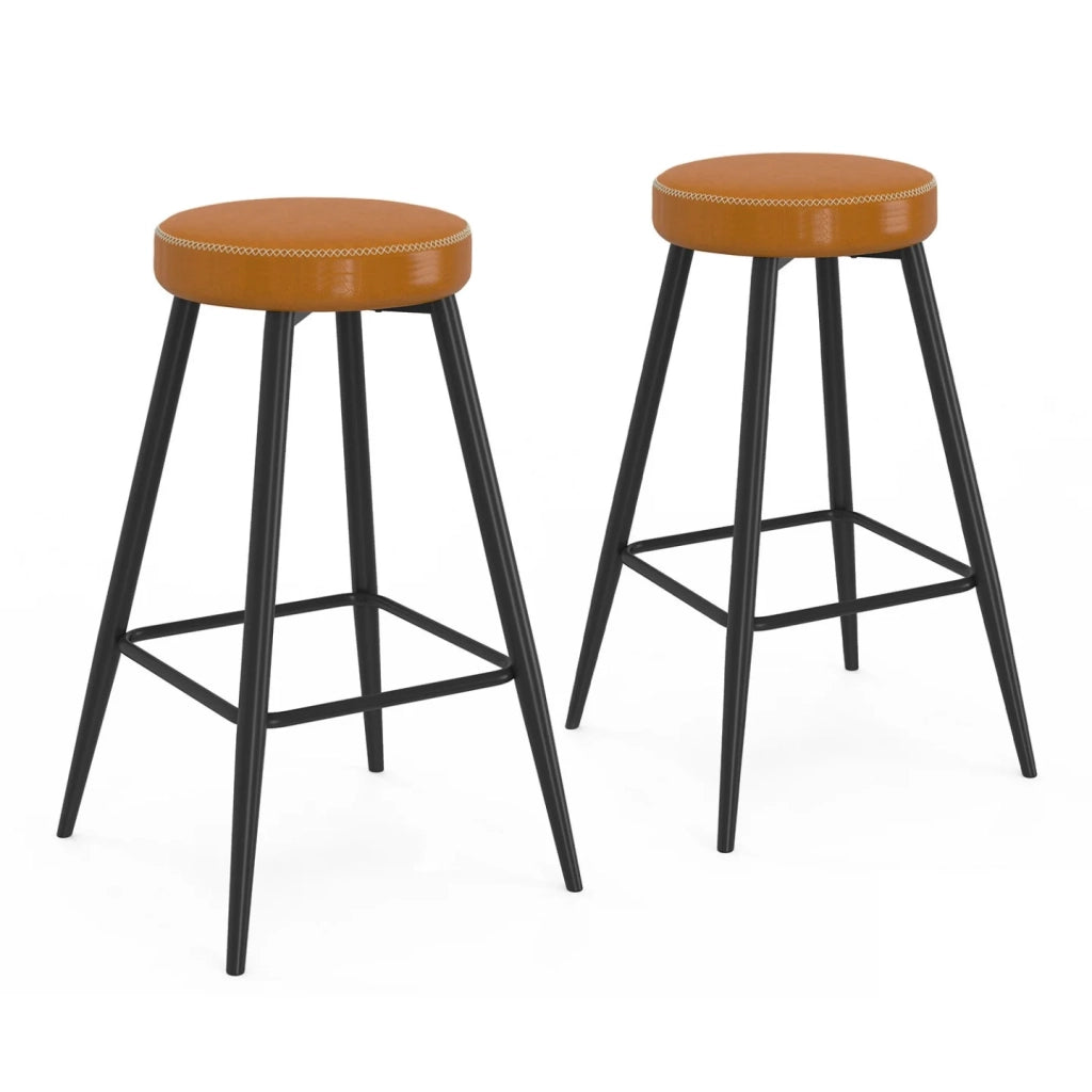 IDMarket - Set di 2 sgabelli da bar ISAURE marrone con cuciture e gambe in metallo nero