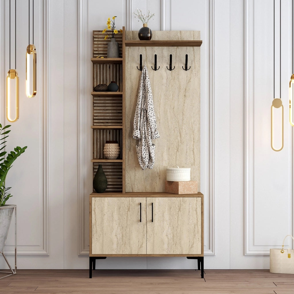 Loceri, Mobile da Ingresso Appendiabiti, 90x35x200h cm Beige Marmo