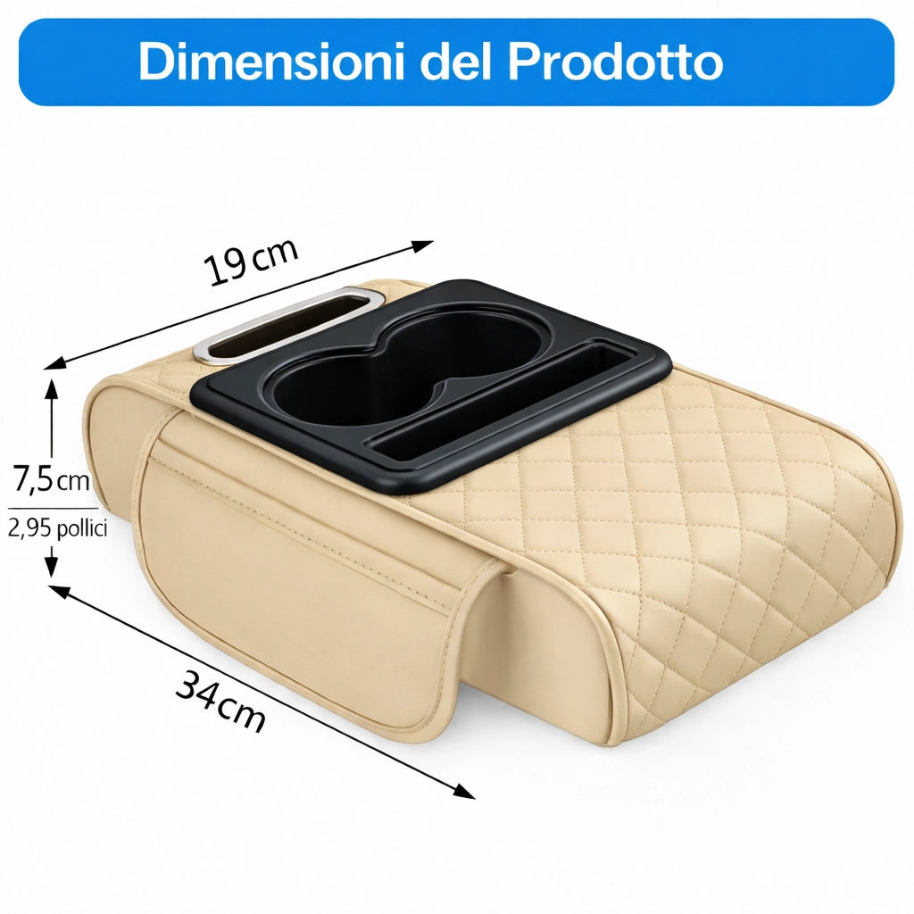 Cuscino Bracciolo Auto in Pelle 2 Portabicchieri in Pelle Beige Organizer