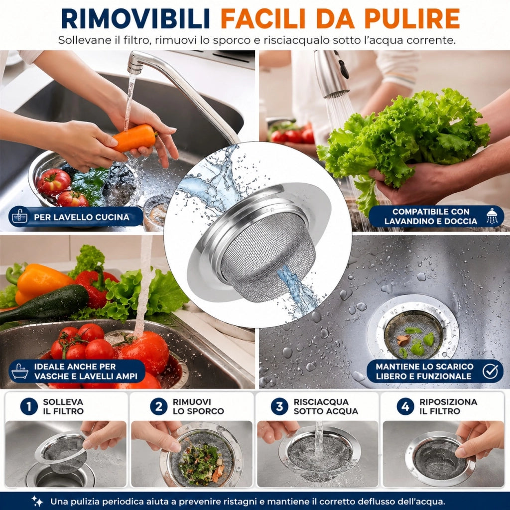 2 Filtri Scarico Lavello Acciaio Inox Ø9 cm Anti-Intasamento 79532