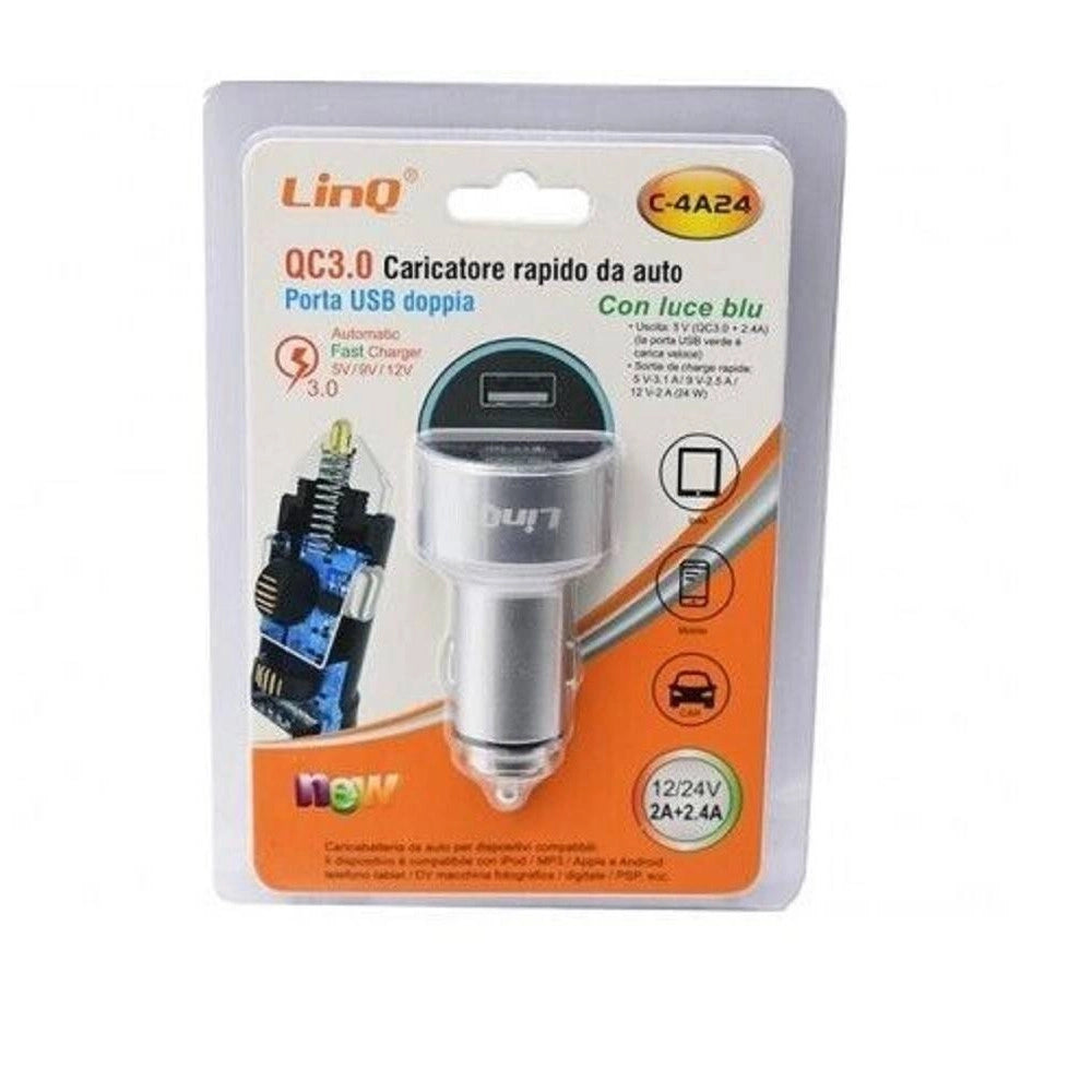 Trade Shop - Caricabatterie Alimentatore Caricatore Da Auto 2 Usb 2a+2.4a Con Luce Blu C-4a24 -