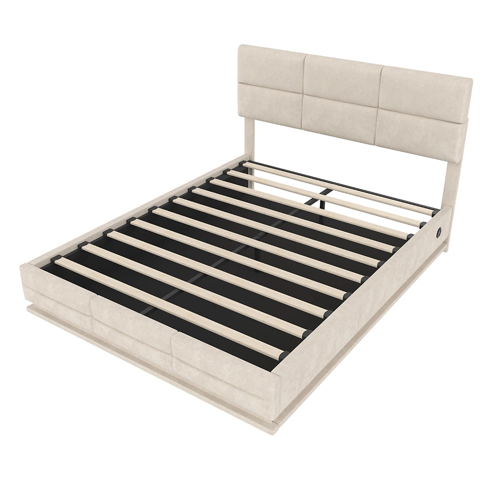 Letto 160x200cm imbottito - Xylo - velluto beige USB idraulico LED