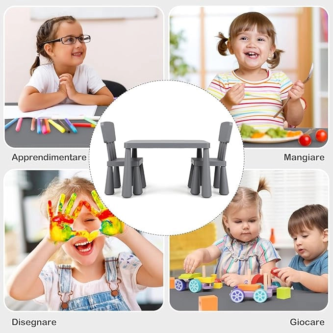 Set Tavolo e Sedie per Bambini 1-7 Anni, 2 Sedie Ergonomiche con Schienale, Materiale PP Atossico e Inodore, Angoli Arrotondati, Adatto per Giocare, Disegnare e Leggere, Portata 50kg (Grigio)