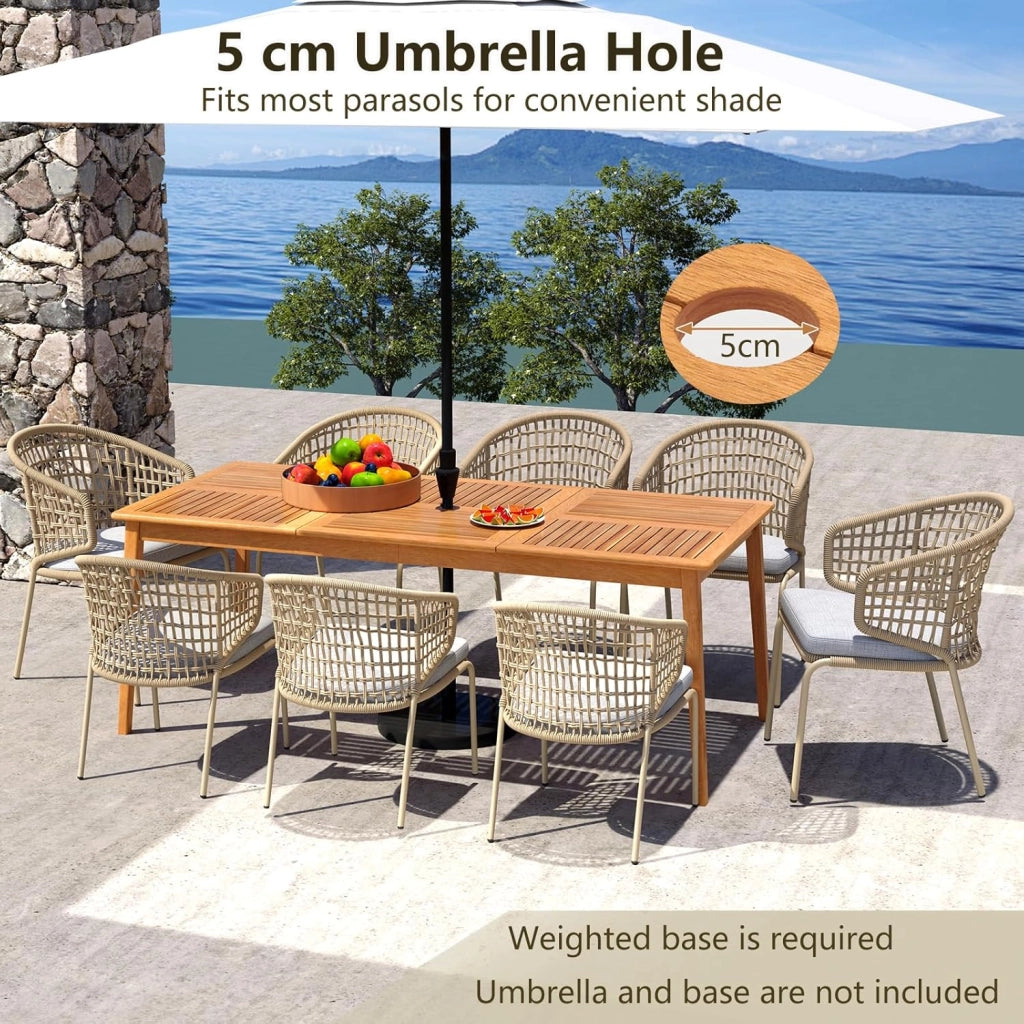 Tavolo da pranzo per 8 persone, tavolo da giardino in legno di acacia con foro di 5 cm, per cortile, veranda e giardino, resistente alle intemperie (200 x 90 cm)
