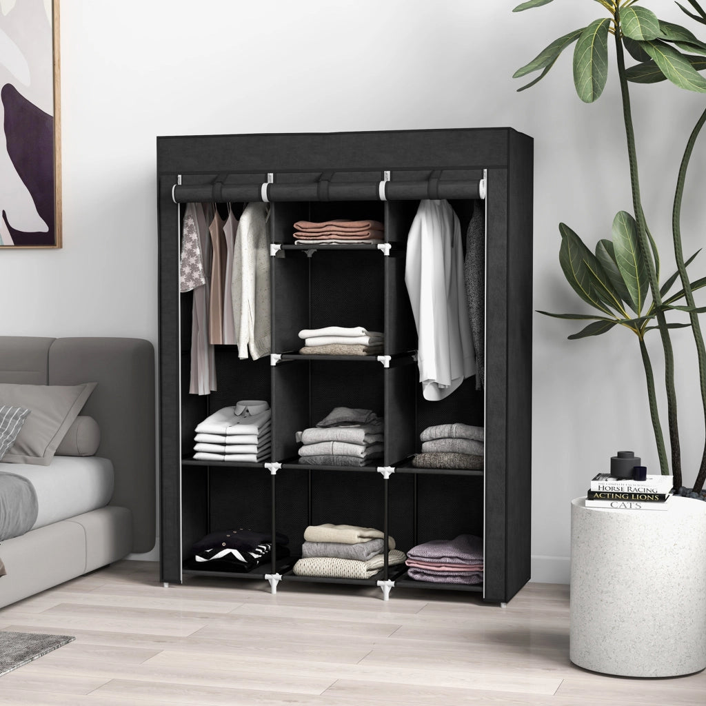 Armadio in tessuto con 2 appendiabiti e 8 ripiani, struttura in acciaio, per camera da letto, nero, 125 × 43 × 162,5 cm