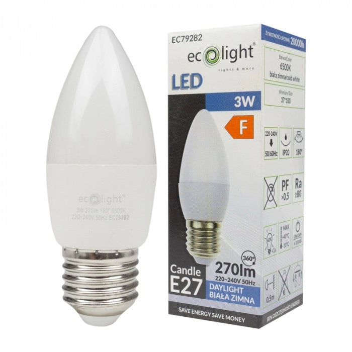 Lampadina LED candela E27 3W 6500K 270lm anti-sfarfallio Ecolight