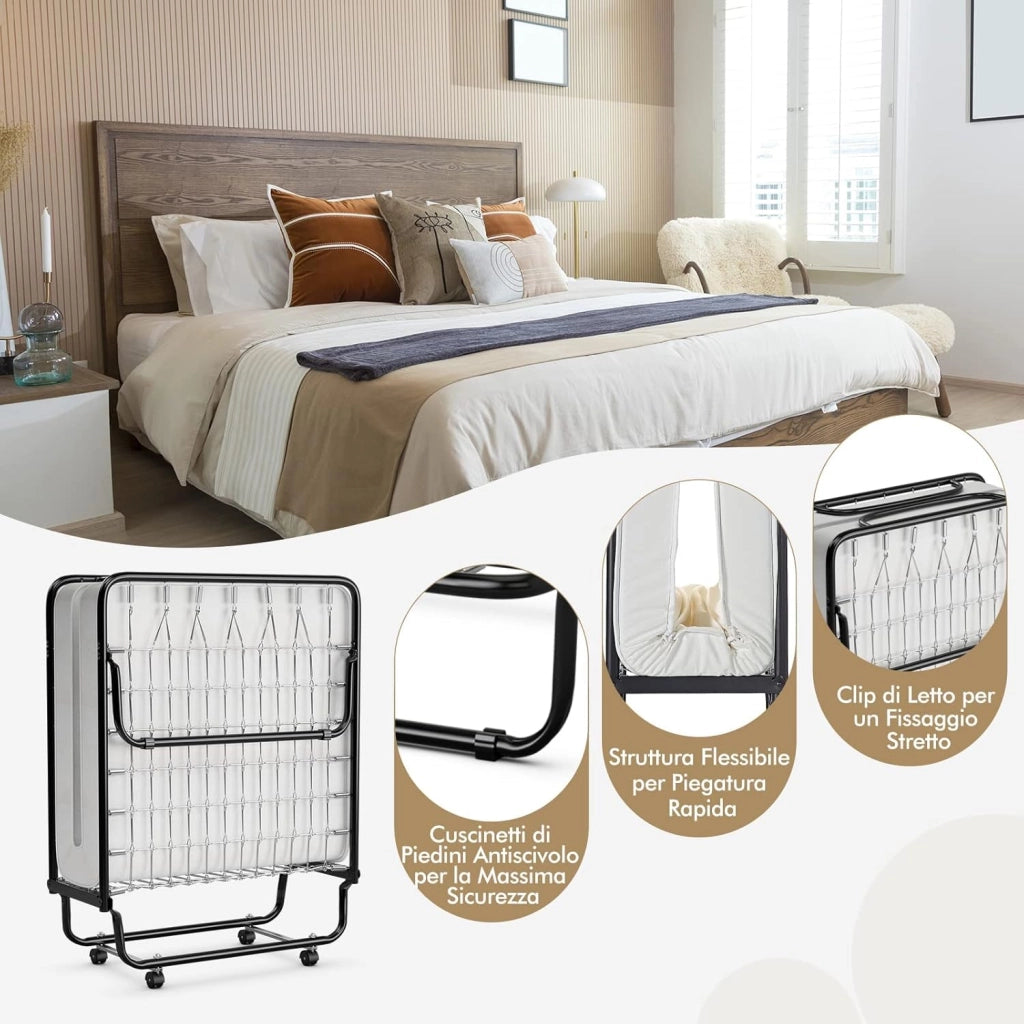 Brandina Pieghevole con Materasso, in Memory Foam da 10cm, Letto Portatile con Struttura in Metallo e 4 Ruote, Portata Massima 130kg, 190x80x39cm