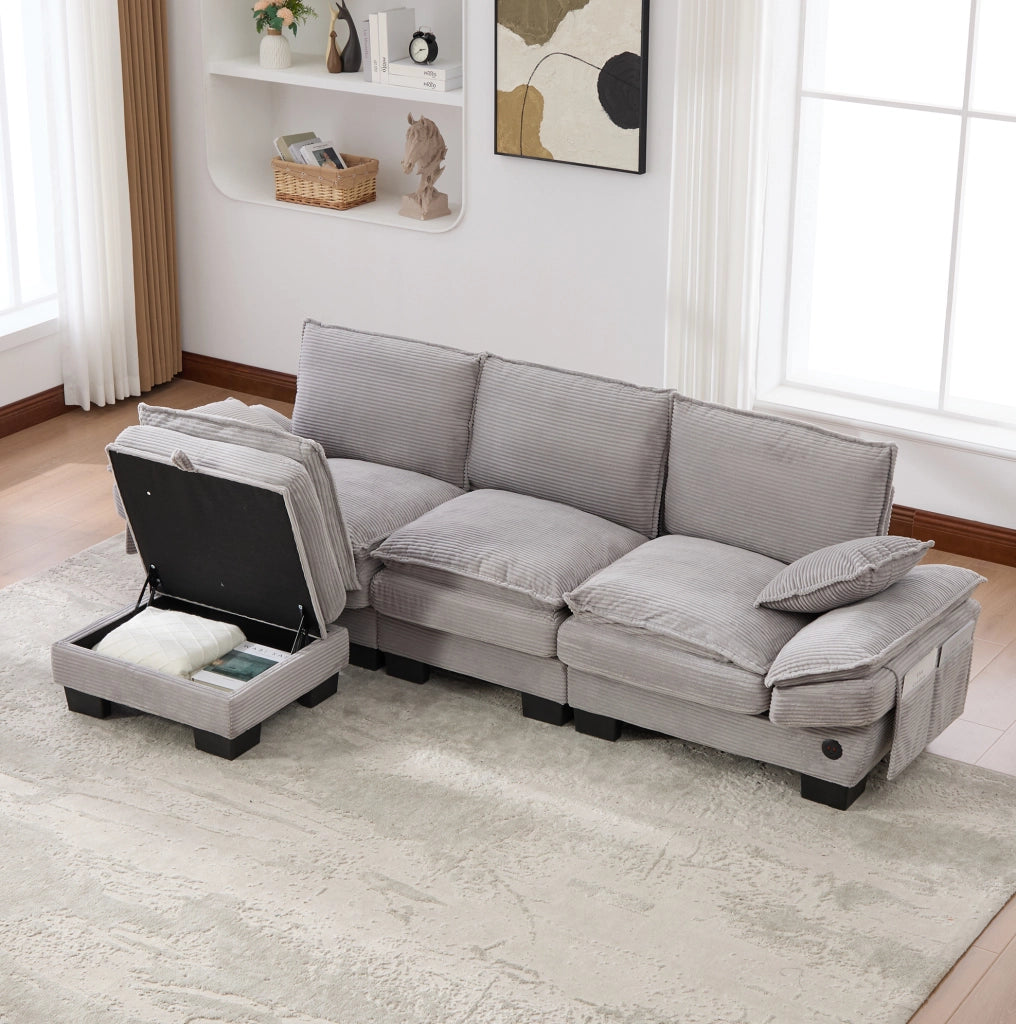 Divano modulare 3 posti con pouf; velluto a coste; USB-C; grigio chiaro