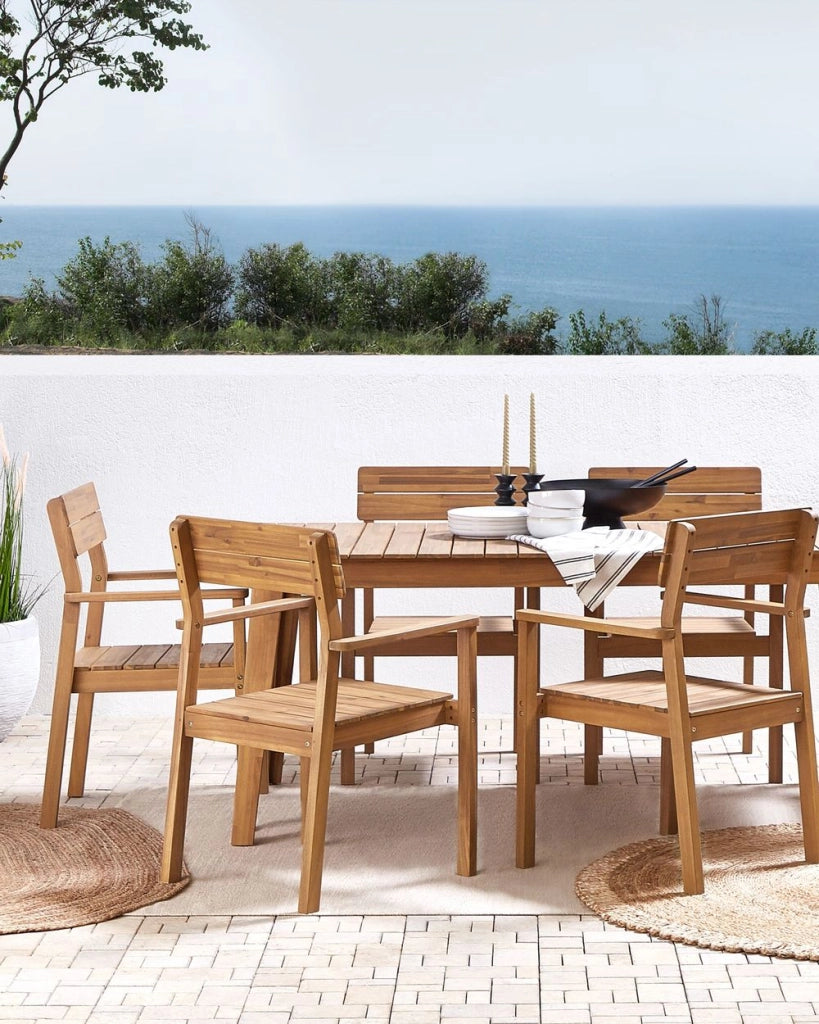Set di 6 sedie da giardino in legno di acacia chiaro da esterno con braccioli in stile rustico
