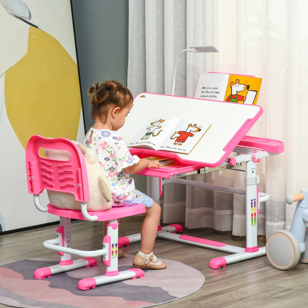 Set Scrivania per Bambini 6-12 Anni con Sedia Regolabile in Altezza, Cassetto, Luce e Piano Inclinabile, Rosa