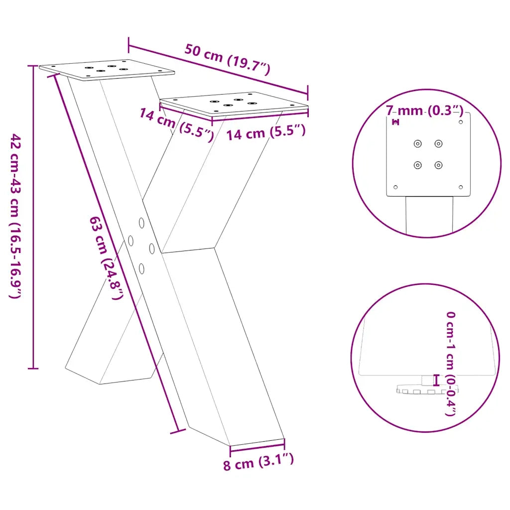 Gambe per Tavolino da Caffè a Forma di X 2 pz Acciaio Naturale 50x(42-43) cm Acciaio 4012959