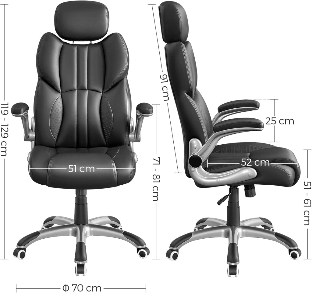 SONGMICS Sedia da Ufficio, Poltrona Girevole Ergonomica, con Braccioli Pieghevoli, Base a Stella in Nylon, Carico Massimo 150 kg, Nero OBG65BK