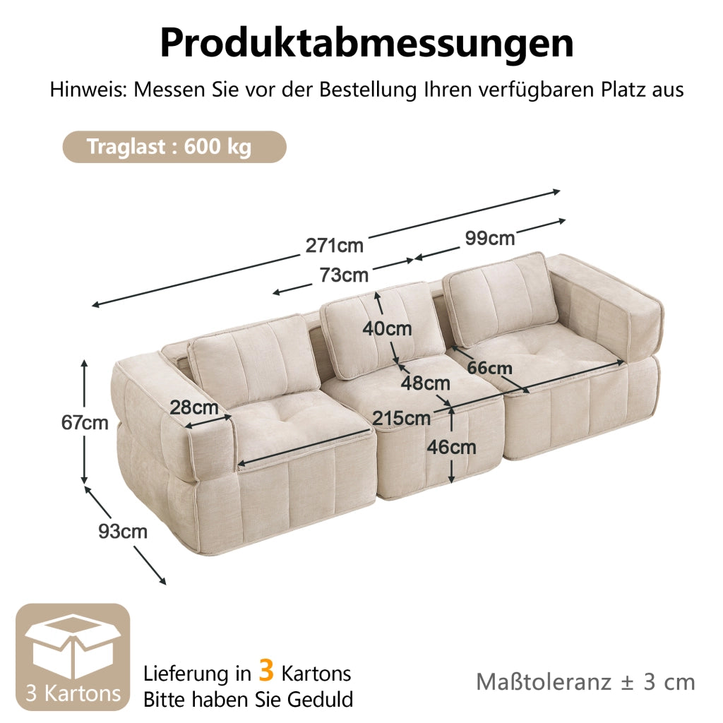 Divano modulare 3 posti - con seduta profonda e design senza telaio - poliestere beige