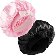 Pareti da sonno in seta per donne - 2 pezzi - Cappuccio da notte in seta regolabile - Cintura elastica morbida - Cappuccio da sonno in seta per donne - Cappello da notte con cintura a strisce - Capelli ondulati per donne - Nero e Rosa.
