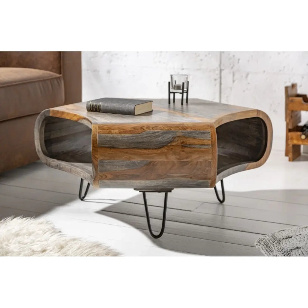 Tavolino basso NERA 80 cm in legno massiccio di Sheesham marrone e grigio con nicchia – design retro industriale