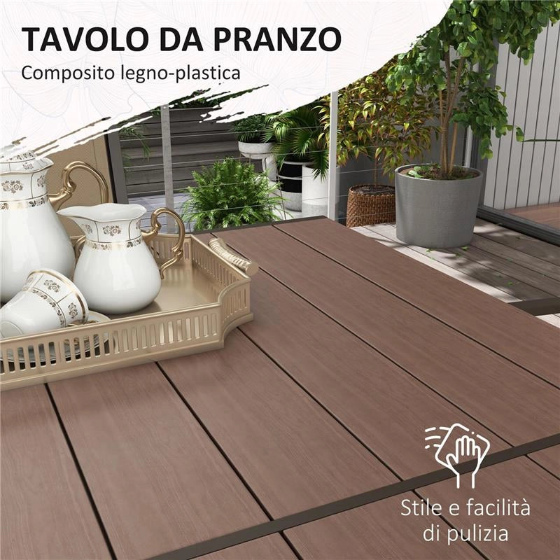 SET DA GIARDINO 7 PEZZI IN PLASTICA CON 6 SEDIE IMPILABILI E TAVOLO RETTANGOLARE, KAKI E MARRONE