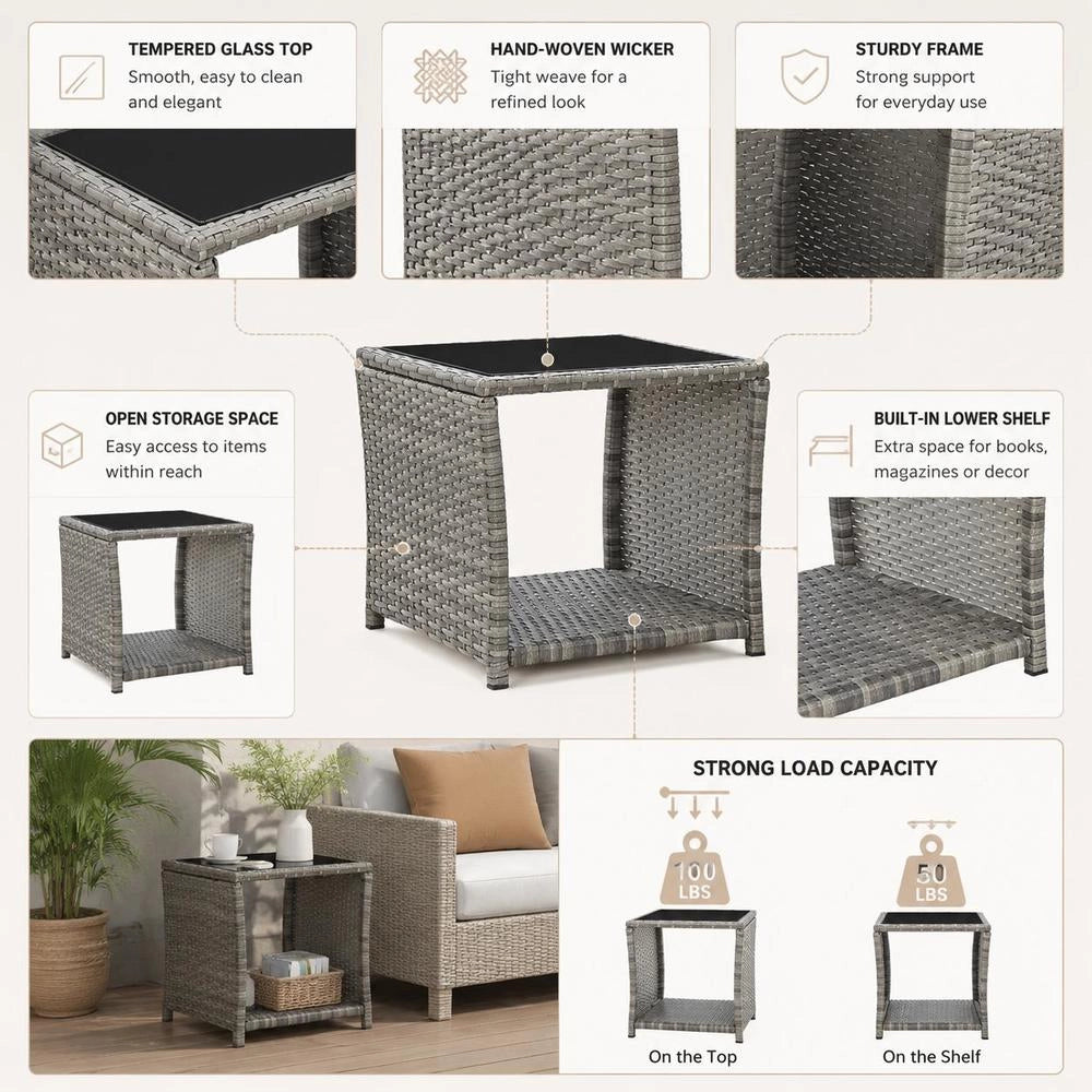 Coffee Table Grey 45x45x40 Cm Poly Rattan And Glass