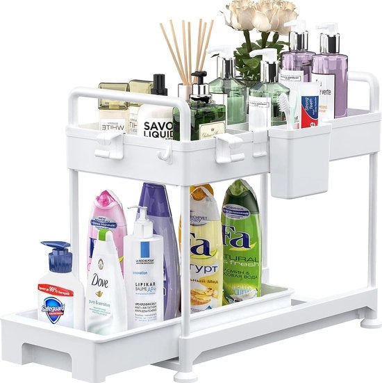 Organizzatore per gocciolatoi a doppia lastra, mensole mobili per la zona lavandino, organizzatore con ganci, contenitore appeso, distributori, maniglie, piastra multifunzionale per gocciolatoi, bianco