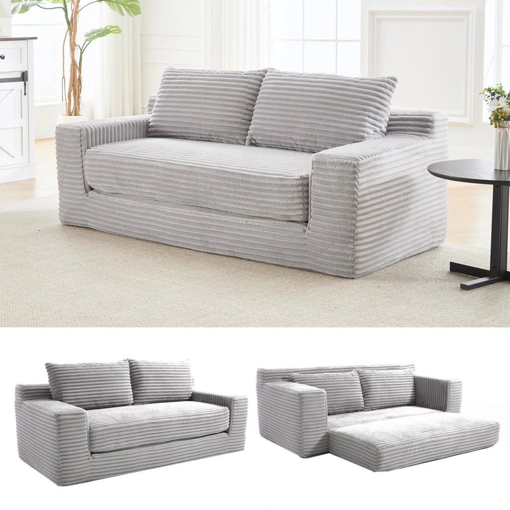 Divano letto compatto 2 in 1 in tessuto a coste grigio chiaro con schiuma memory