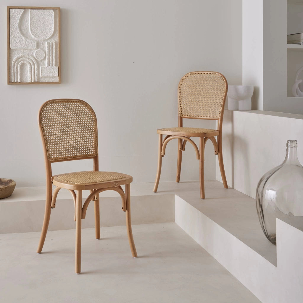 Set di 2 sedie vintage in legno e rattan, marrone naturale