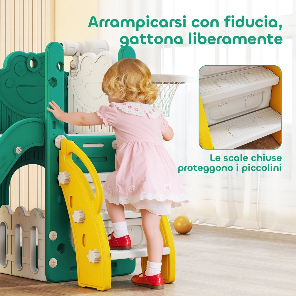 Scivolo per Bambini con Canestro 178x70x86 cm in HDPE e PP Giallo e Verde