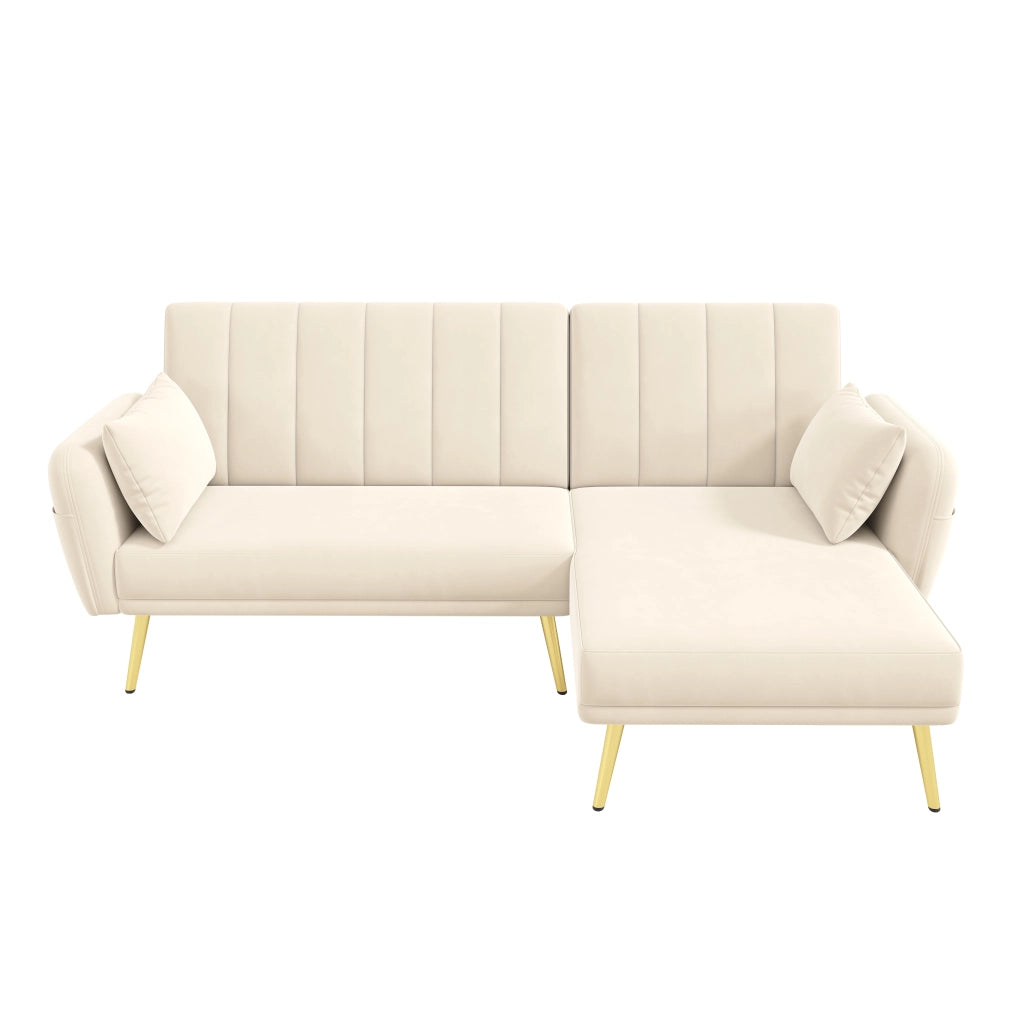 Divano angolare letto 2-3 posti - con schienale regolabile e tasche laterali - in velluto beige