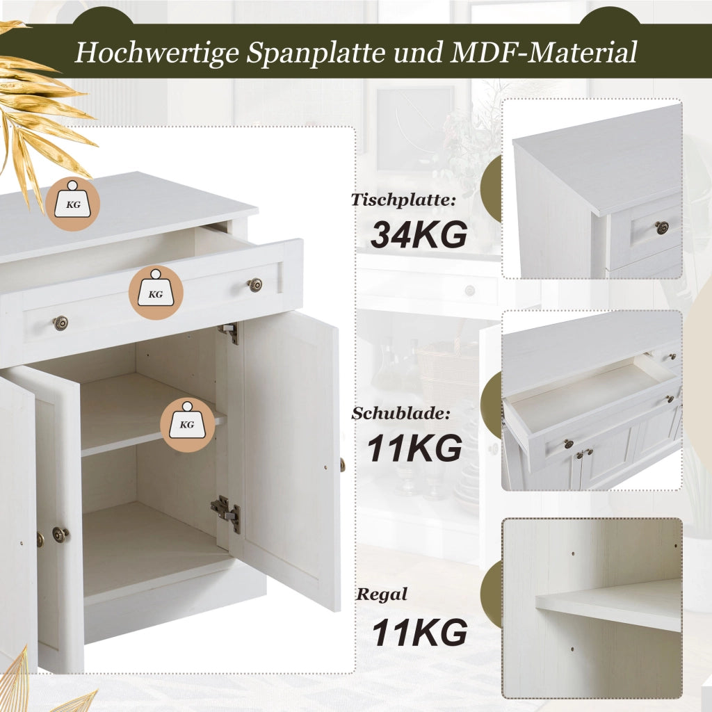 Credenza con 4 ante; 2 cassetti e ripiani regolabili per soggiorno 150×40×86 cm bianco antico