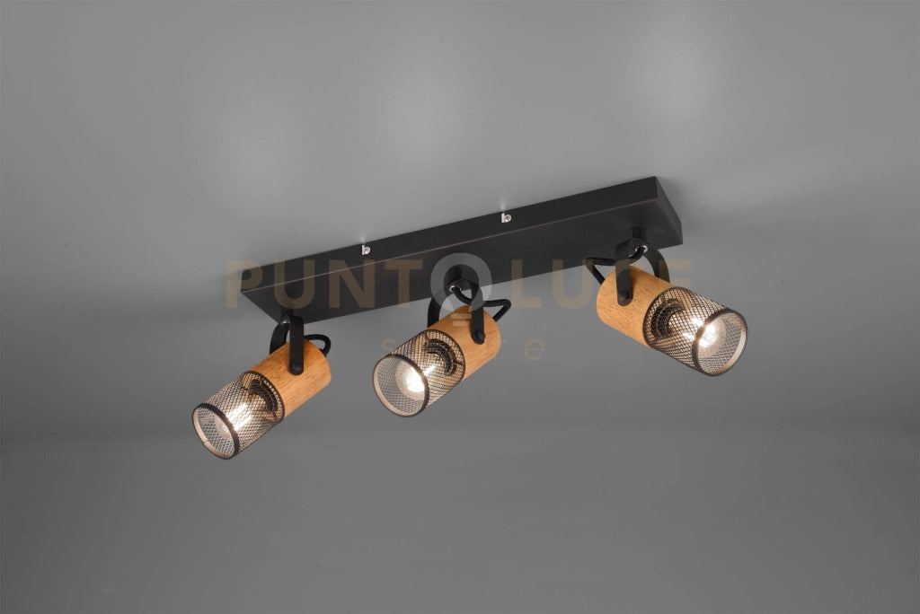 TOSH BARRA 3 SPOTS CILINDRI GABBIA METALLO NERO OPACO E LEGNO L. 44CM ATTACCO E14