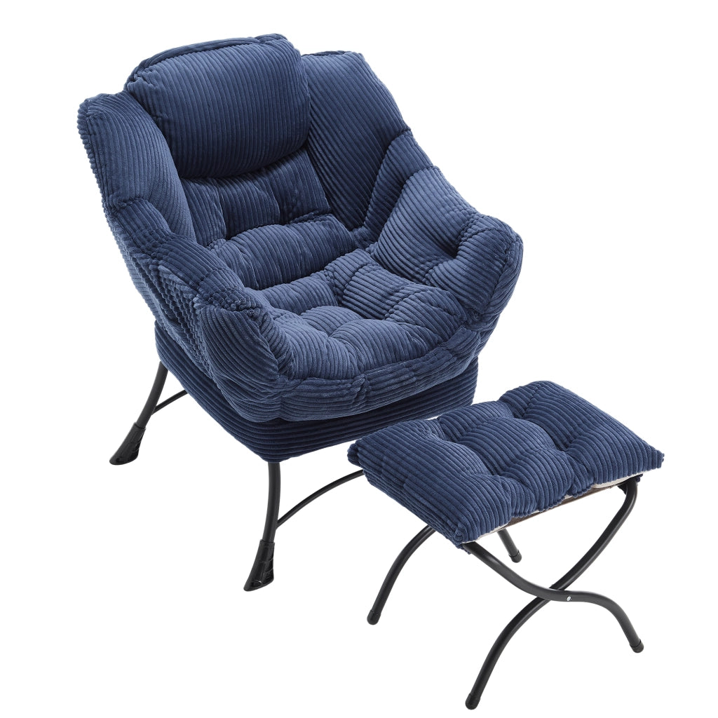 poltrona relax con pouf; tasca laterale e braccioli; in acciaio; blu navy