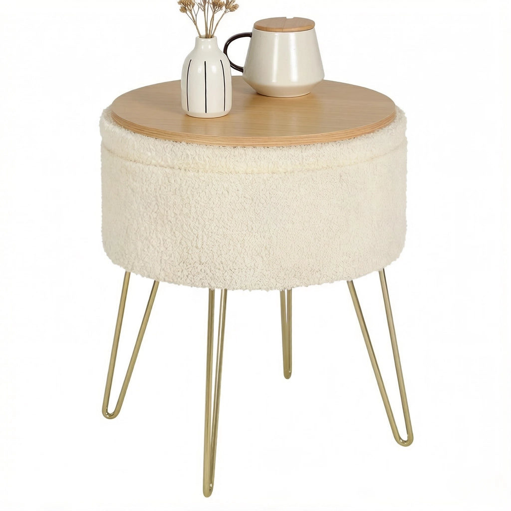 Pouf contenitore rotondo con vano portaoggetti e vassoio multifunzione in teddy fleece MDF e metallo beige 39 × 44 cm