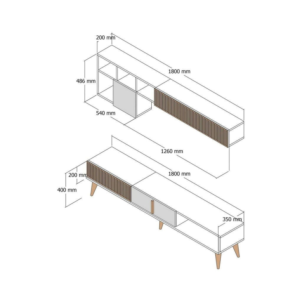 Parete attrezzata Ostro, Composizione soggiorno, Mobile salotto multiuso, Armadio porta TV, 180x35h40 cm, Noce e Antracite