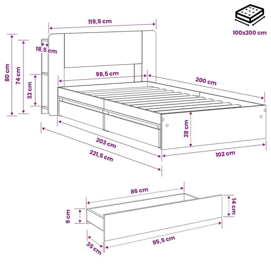 Telaio del letto con storage Rovere Sonoma 100 x 200 cm