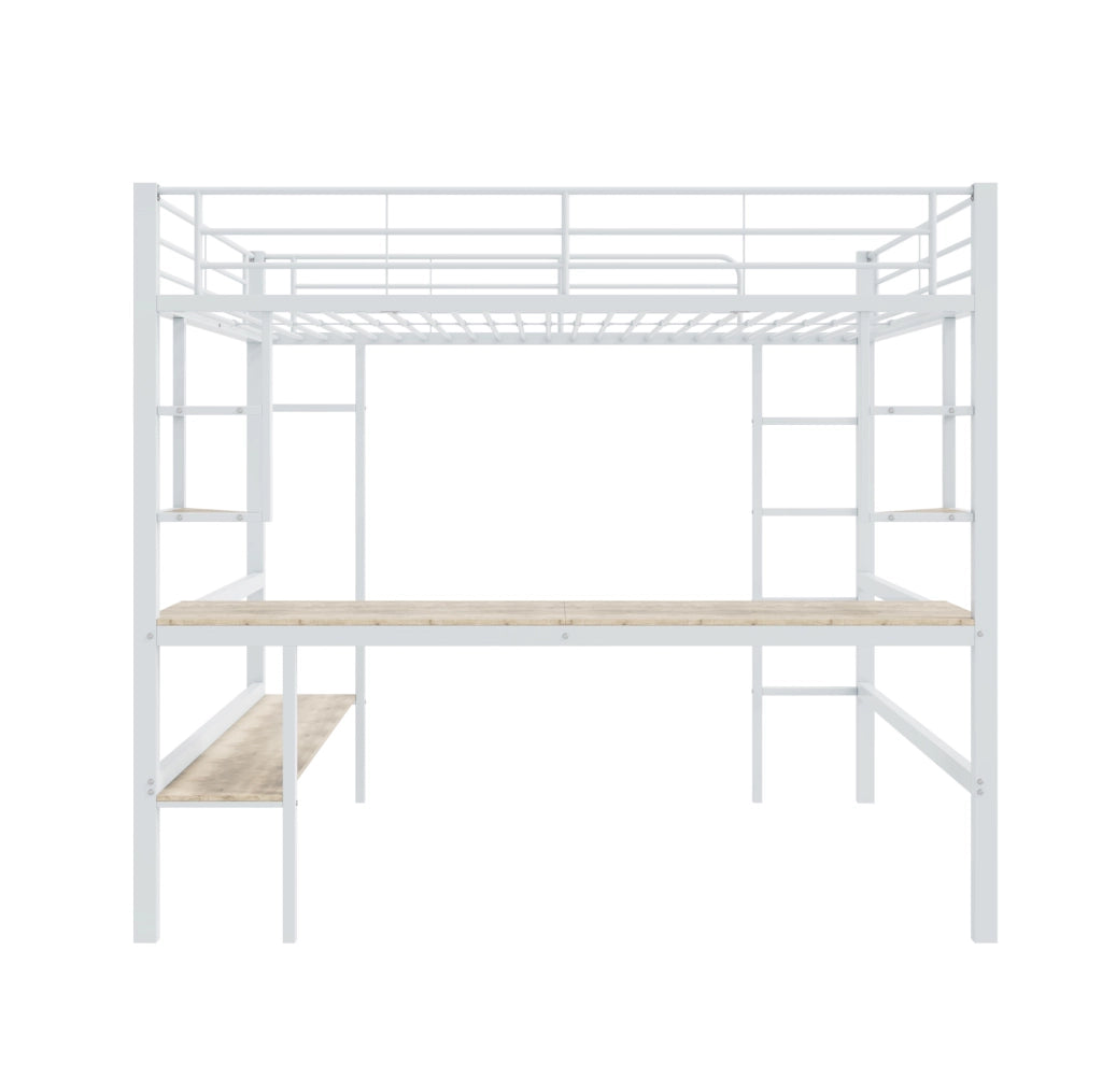 Letto a soppalco 140x200 cm con scrivania e libreria in metallo bianco