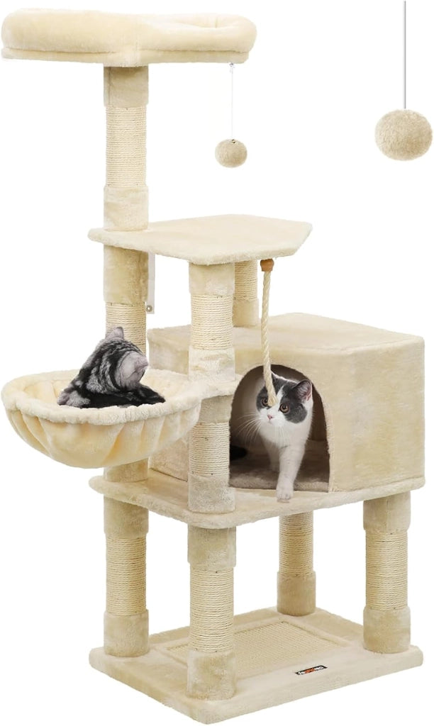 Feandrea Albero per Gatti Alto 138 cm, Tiragraffi per Gatti, con Base e 9 Pali Graffiatoi, 1 Piattaforma, 1 Grotta, 1 Amaca, 1 Pompon, 1 Corda, in Peluche a Più Livelli, Grigio Chiaro PCT60W