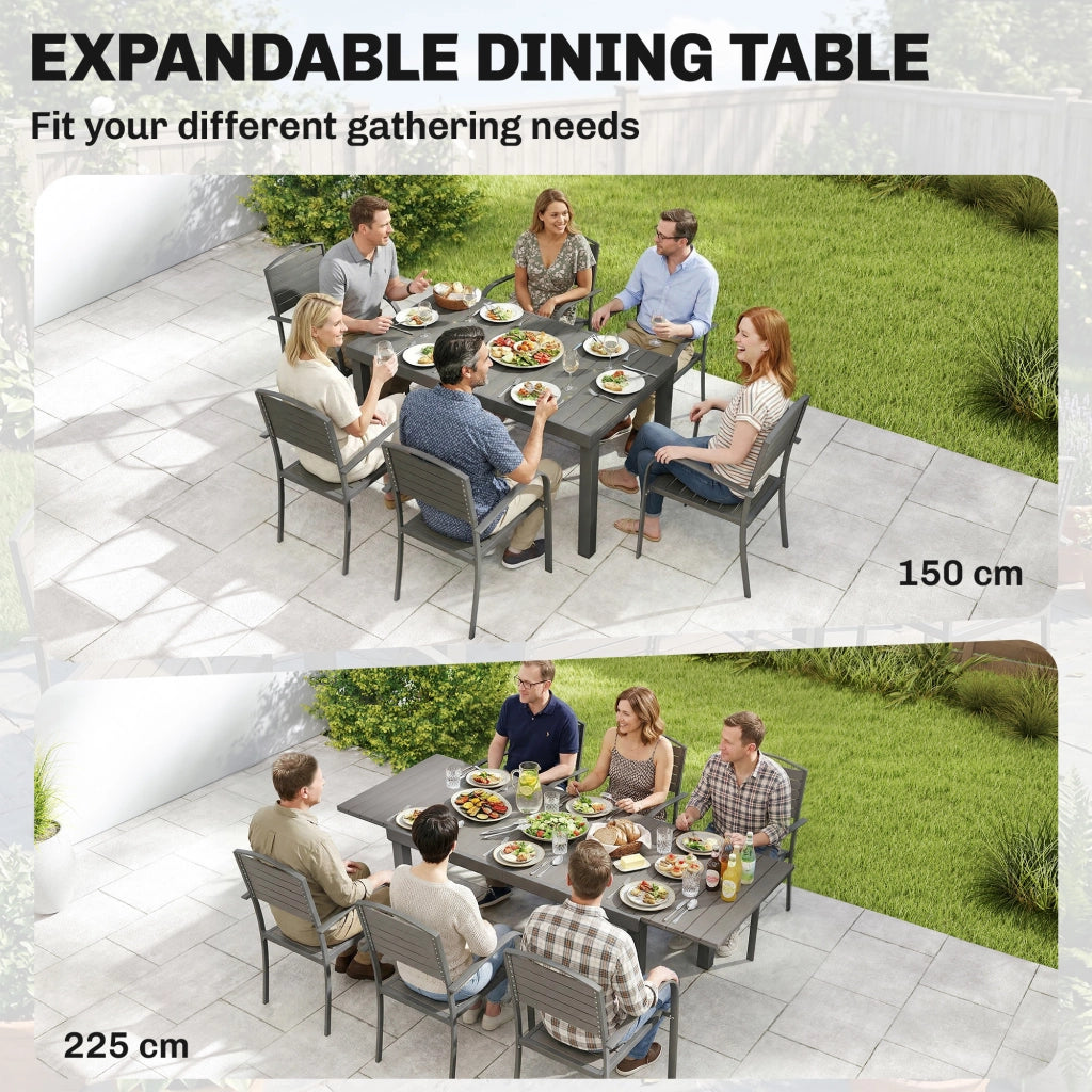 Set di sedute per mobili da giardino Tavolo estese in 7 pezzi con 6 sedie Struttura in alluminio stile a listelle