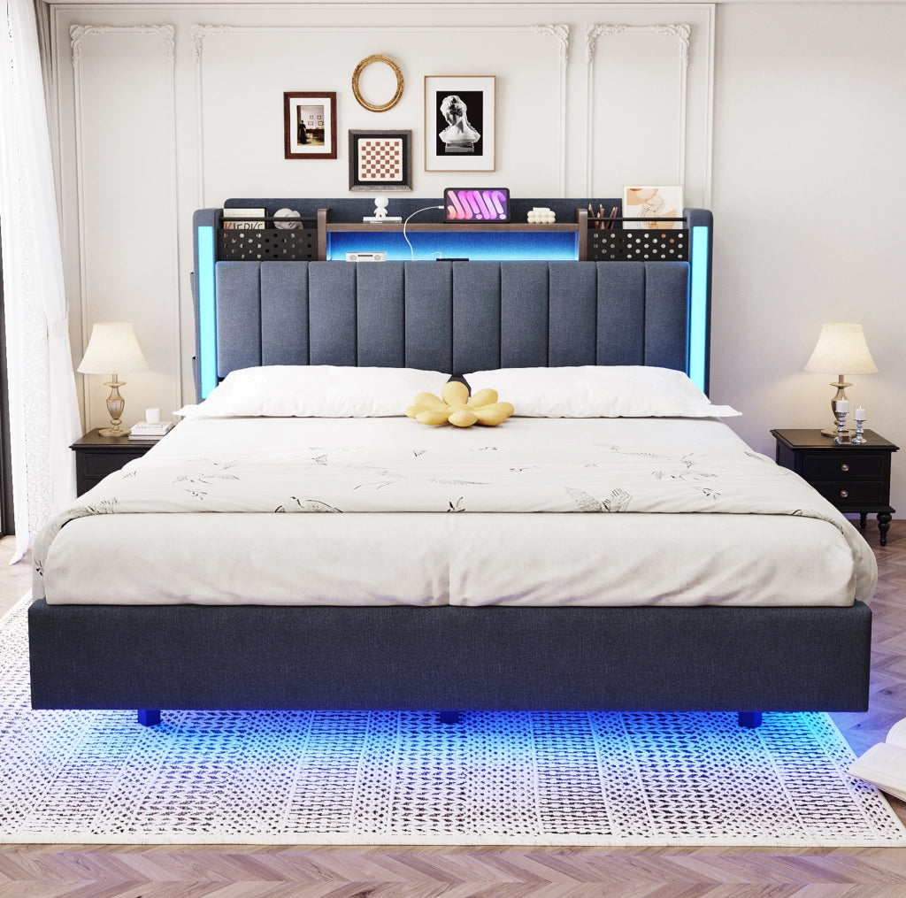 Letto imbottito 140 x 200 cm grigio con LED, USB e testiera contenitore