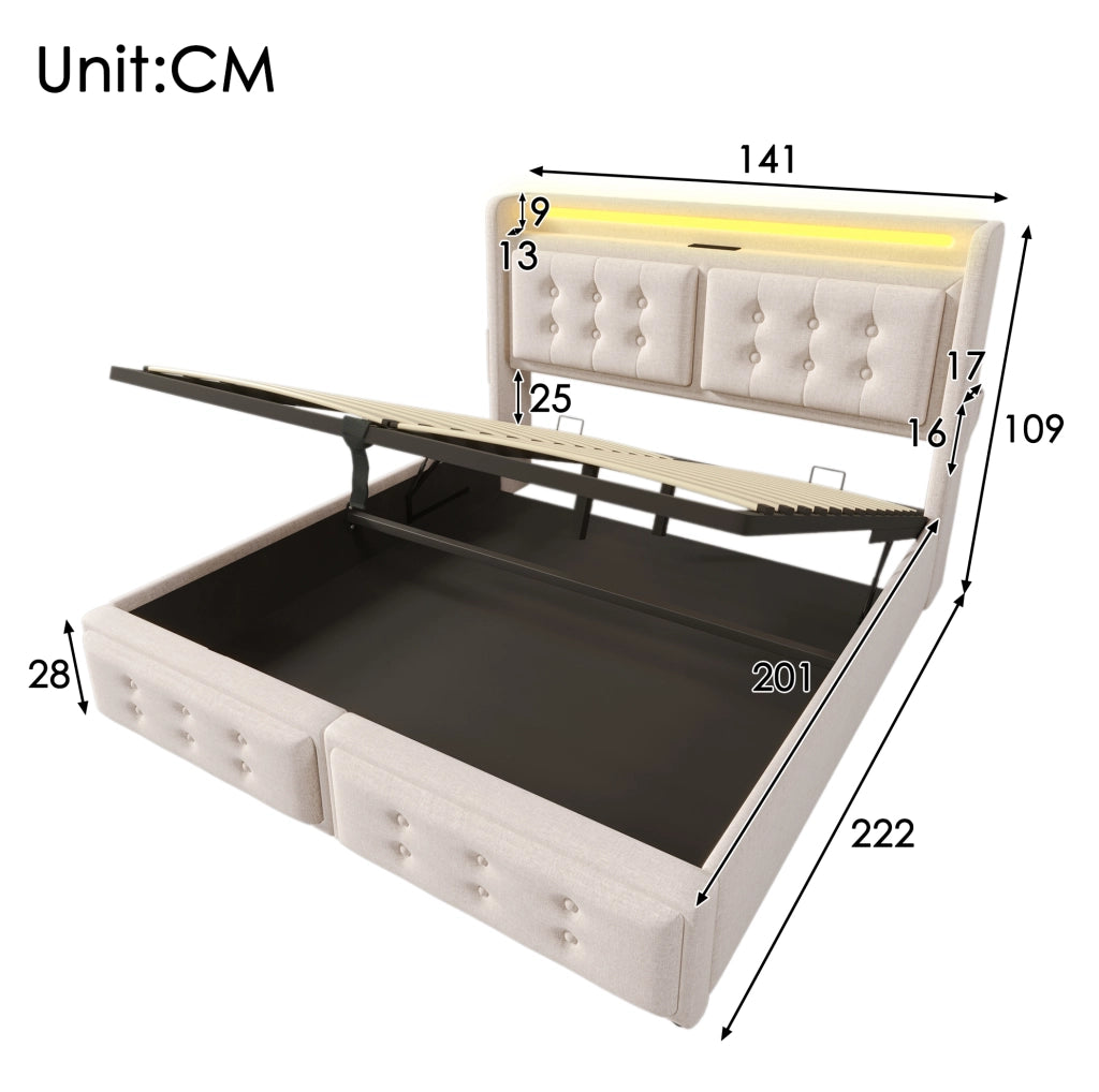 Letto imbottito 140x200 con testiera LED, prese USB e contenitore, Beige