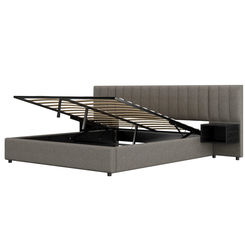 Letto matrimoniale 180x200 cm in lino grigio con contenitore idraulico; 2 comodini neri inclusi