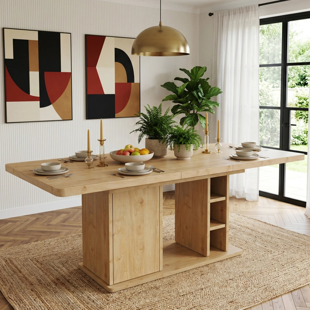 Tavolo da pranzo allungabile 180x80x75 cm con vano contenitore in MDF color rovere