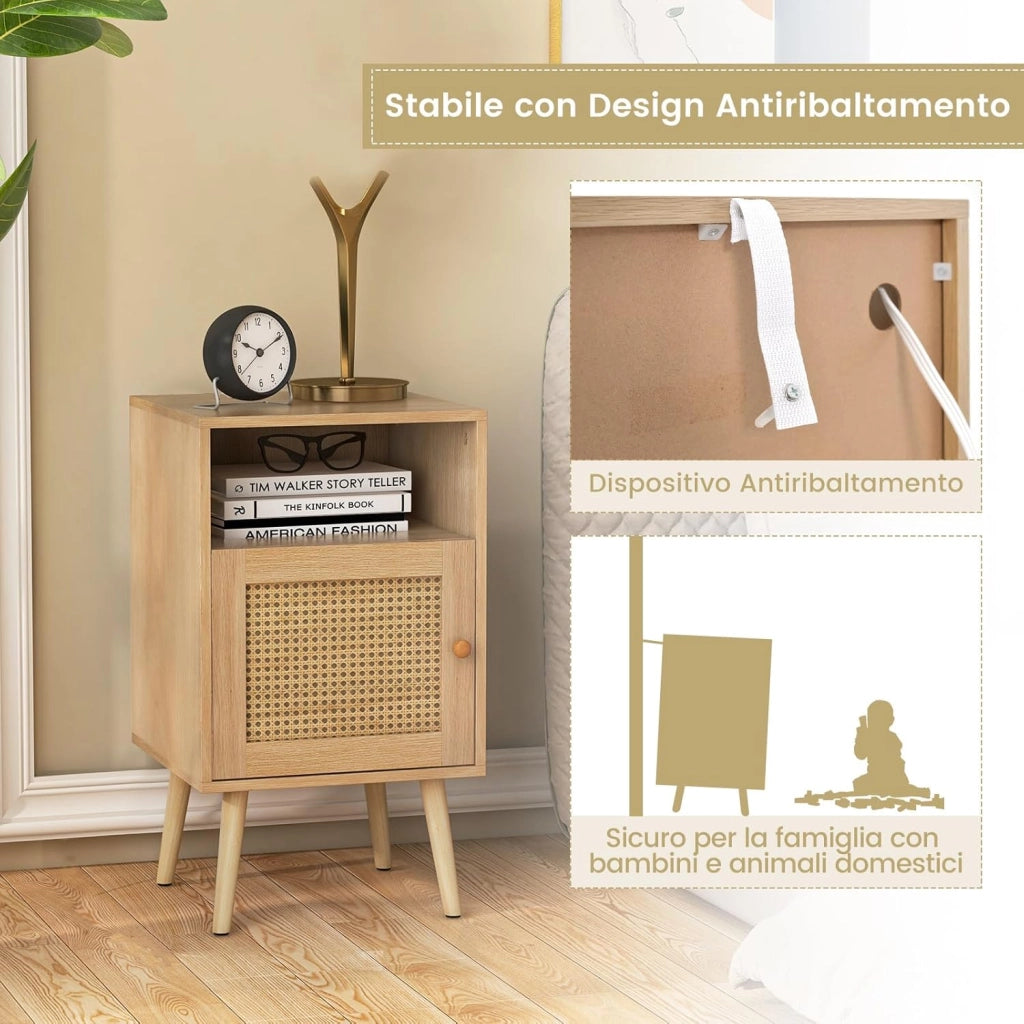 Comodino in Legno 40 x 39 x 70 cm, Comodino con Porta in Rattan, Spazio di Archiviazione e Gambe in Legno Massello, per Soggiorno e Camera da letto (2, Naturale)