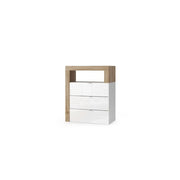 Cassettiera da bagno larga 64cm, 3 cassetti, collezione BURA. Colori bianco lucido laccato e rovere chiaro.