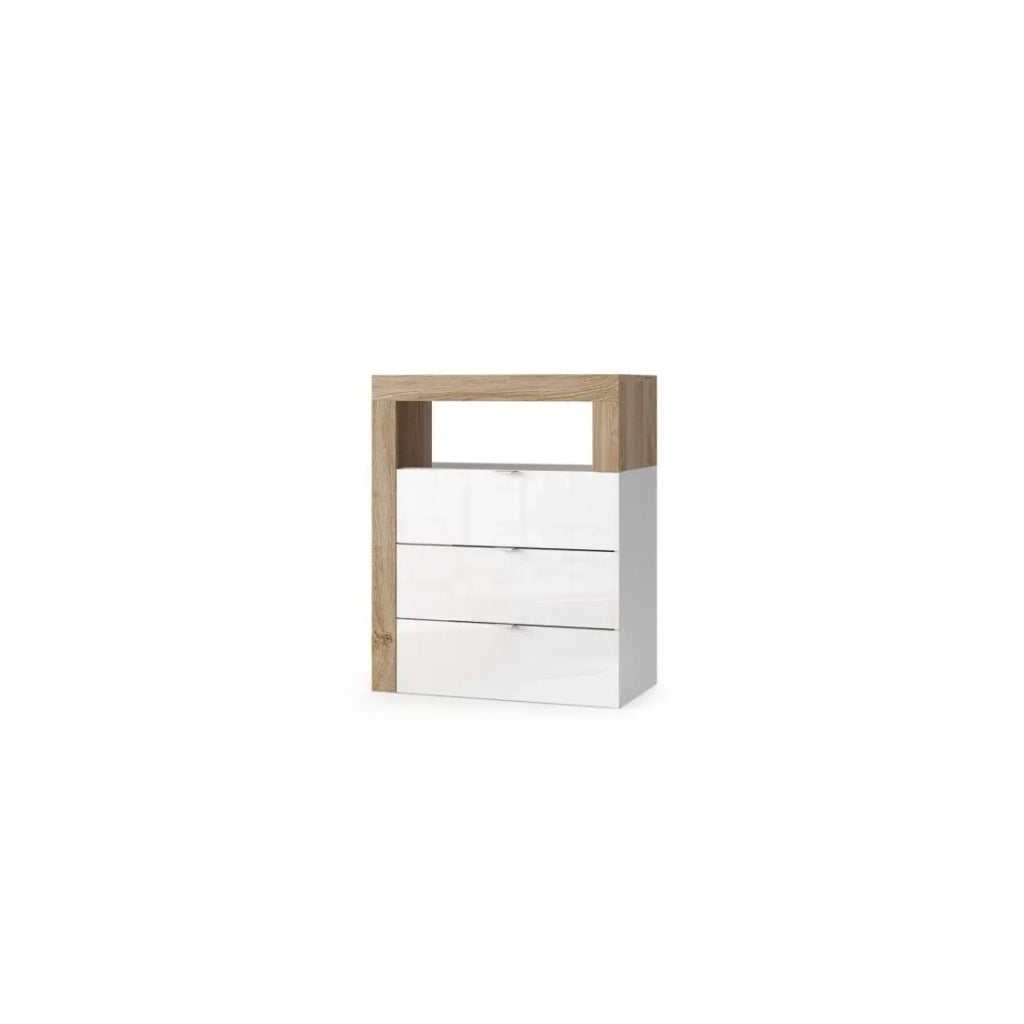 Cassettiera da bagno larga 64cm, 3 cassetti, collezione BURA. Colori bianco lucido laccato e rovere chiaro.