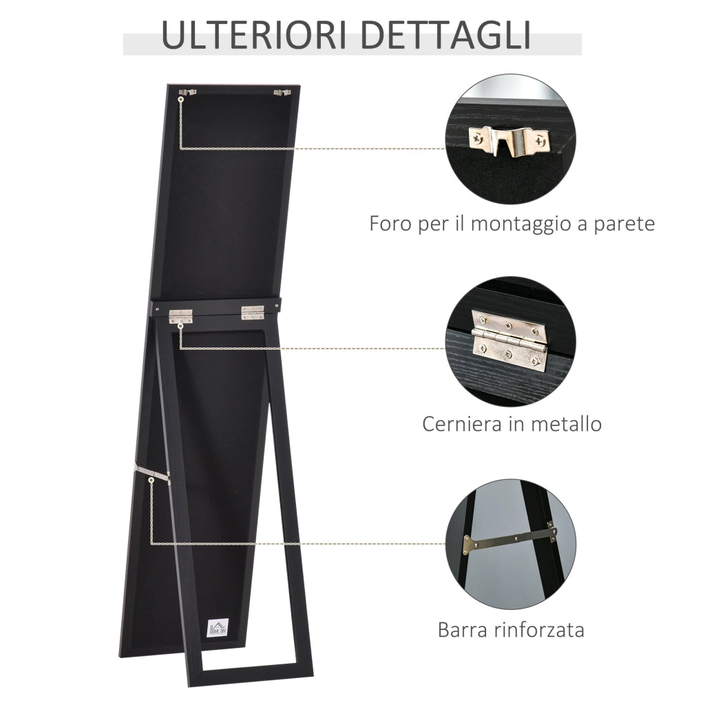 EasyComfort Specchio da Terra e Parete con Supporto Richiudibile e Cornice in MDF, 37x48x152cm, Nero
