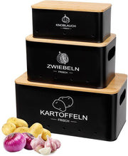 Set di conservazione per verdure - Set di 3 contenitori per patate, uova e conserva d'aglio - Ciotola per patate, ciotola per cipolle, ciotola per aglio - Conserva verdure più a lungo (Nero, Rettilineo)