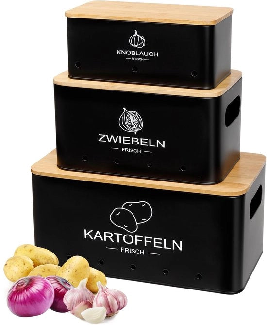 Set di conservazione per verdure - Set di 3 contenitori per patate, uova e conserva d'aglio - Ciotola per patate, ciotola per cipolle, ciotola per aglio - Conserva verdure più a lungo (Nero, Rettilineo)